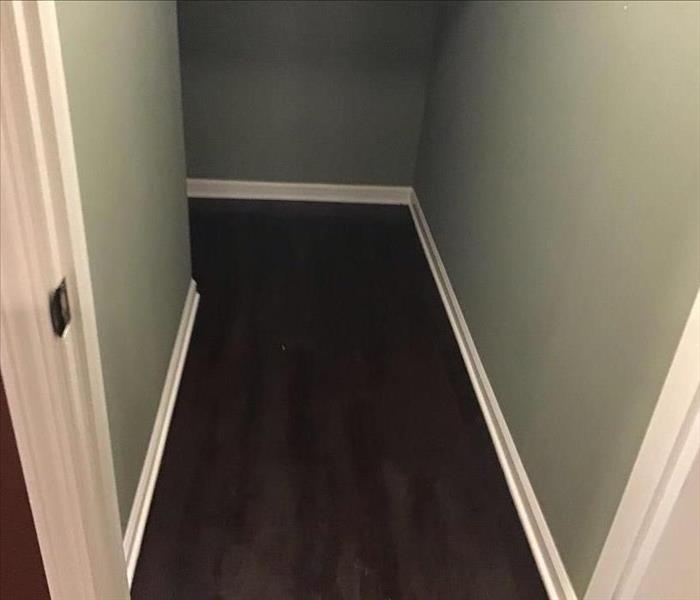 Wet dark brown wood floor in a closet with green walls and white trim.